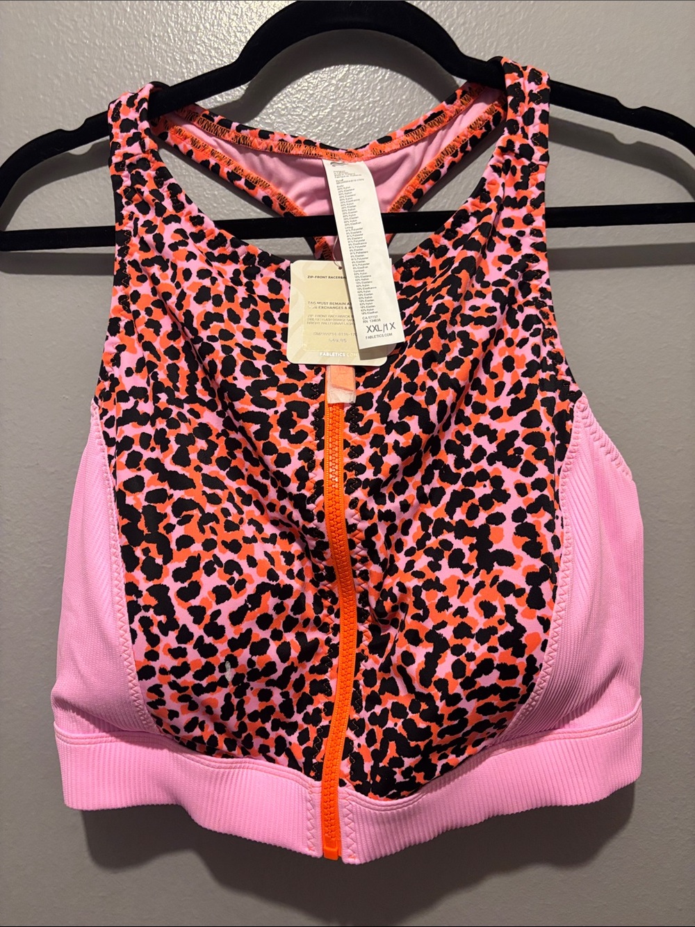 NWT Fabletics Pink & Orange Leopard-Print Front-Zip Sports Bra / Bikini Top